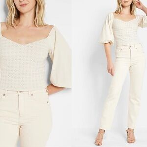 Express Cream Eyelet Blouse with Puff Sleeves